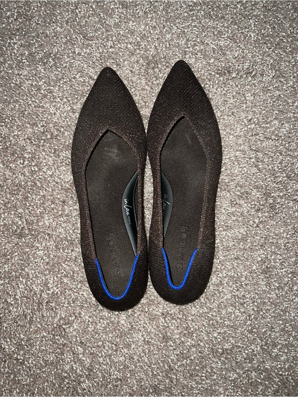 Rothy's Pointed Black Flats with Blue Accent